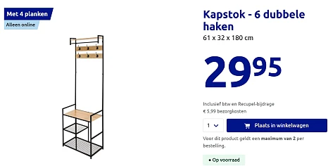 Kapstok met 6 dubbele haken + schoenenrek / bank voor slechts €29,95 bij Action