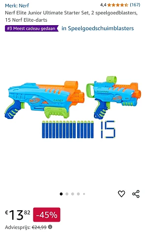 -45% Nerf Elite Junior Ultimate Starter Set, 2 speelgoedblasters, 15 Nerf Elite-darts