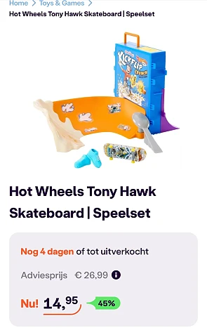 Hot Wheels Tony Hawk Skateboard | Speelset -45% bij ibood.com