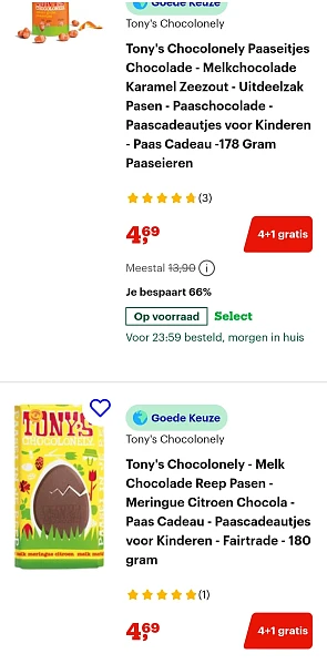4+1 gratis op Tony's Chocolonely paaschocolade bij bol.com
