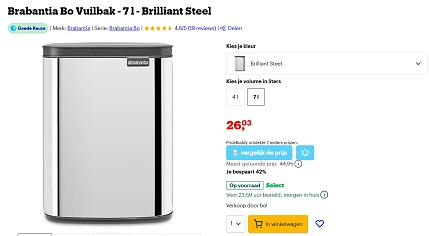 Brabantia Bo Vuilbak - 7 l - Brilliant Steel
