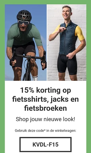 15% korting op fietsshirts, jacks en fietsbroeken