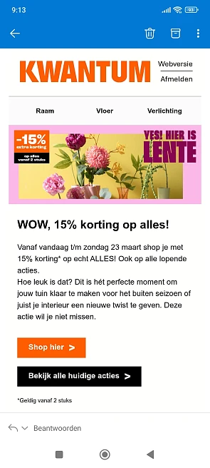 15% op alles bij kwantum