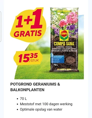 Compo Potgrond Geraniums & Balkonplanten 70L en Compo bodemverbeteraar