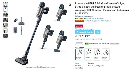 Rowenta draadloze stofzuiger voor €109,99 ipv €159,99 op Amazon BE