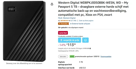 Western Digital externe harde schijf van 5 TB (!) voor slechts €103,99 op Amazon BE