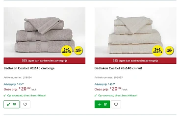 Cosibel Badkamertextiel aan 60% korting & 3+1 gratis