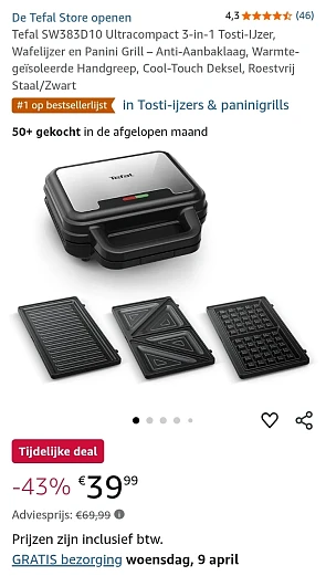 Tefal 3-in-1 Tosti-IJzer, Wafelijzer en Panini Grill