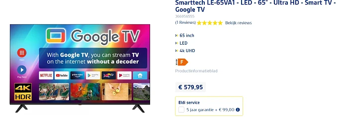 Smarttech smart tv 65 inch (Google TV) voor €579,95 bij Eldi