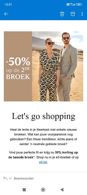50% korting op de 2e broek bij e5