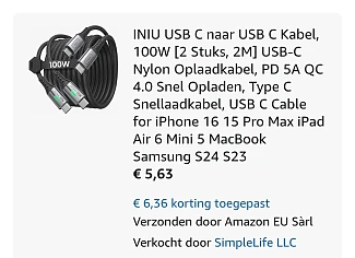 2 USB c kabels voor 5,63€ bij amazon NL