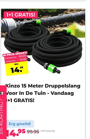 Kinzo 15m druppelslang 1+1 GRATIS bij voordeelvanger.nl
