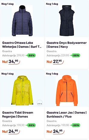 Tot 90% korting op Gaastra kleding dames en 75% korting op Regatta kleding heren