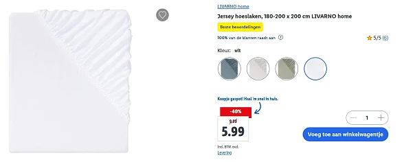 Hoeslaken voor €5,99 bij Lidl (- 40% korting)