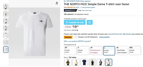 T-shirt The North Face voor slechts €19,99 (+ €4 extra korting) bij Amazon DE