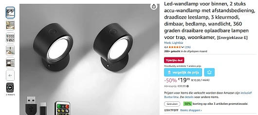 2 led-wandlampen voor slechts €19,99 ipv €39,99 bij Amazon DE