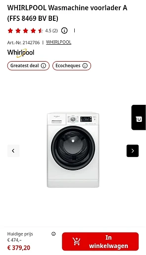 WHIRLPOOL Wasmachine FFS 8469 BV BE -20% bij MediaMarkt