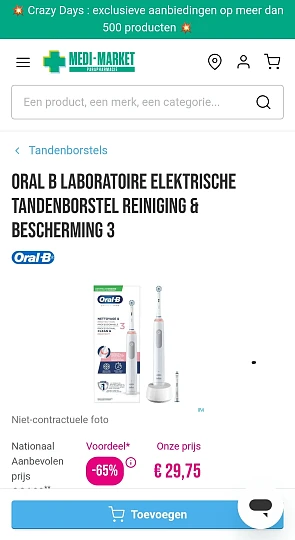 65% korting op een Oral B Pro 3 tandenborstel bij Medi-Market