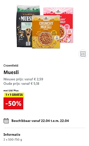 1+1 gratis op muesli bij Lidl enkel vandaag!