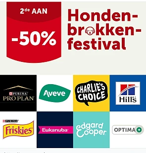 2e aan halve prijs op hondenbrokken bij Aveve